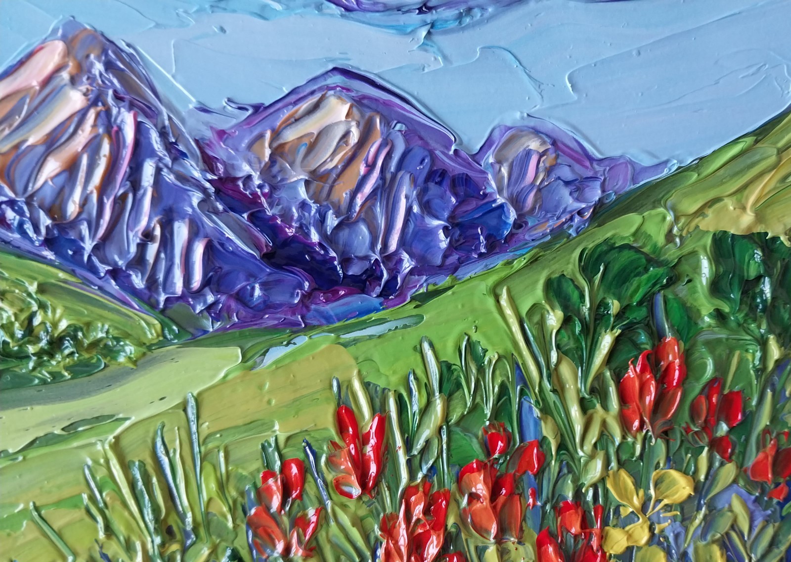 Framed Rocky Mountain Red Flowers Landscape 5×7” Impasto Oil Painting Original