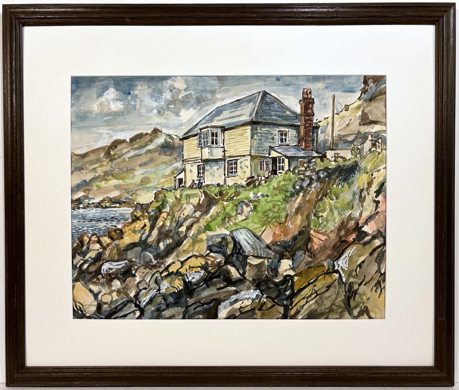 20th c. Signed ENGLISH WATERCOLOR PAINTING Cliff Cottage Coverack Cornwall 1969