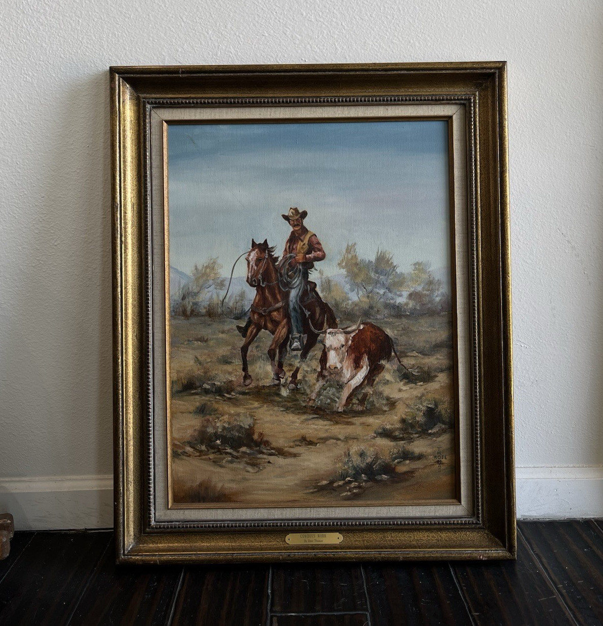 Rose Thomas «Cowboys Work» Signed Framed Oil Painting Cowboy Horse