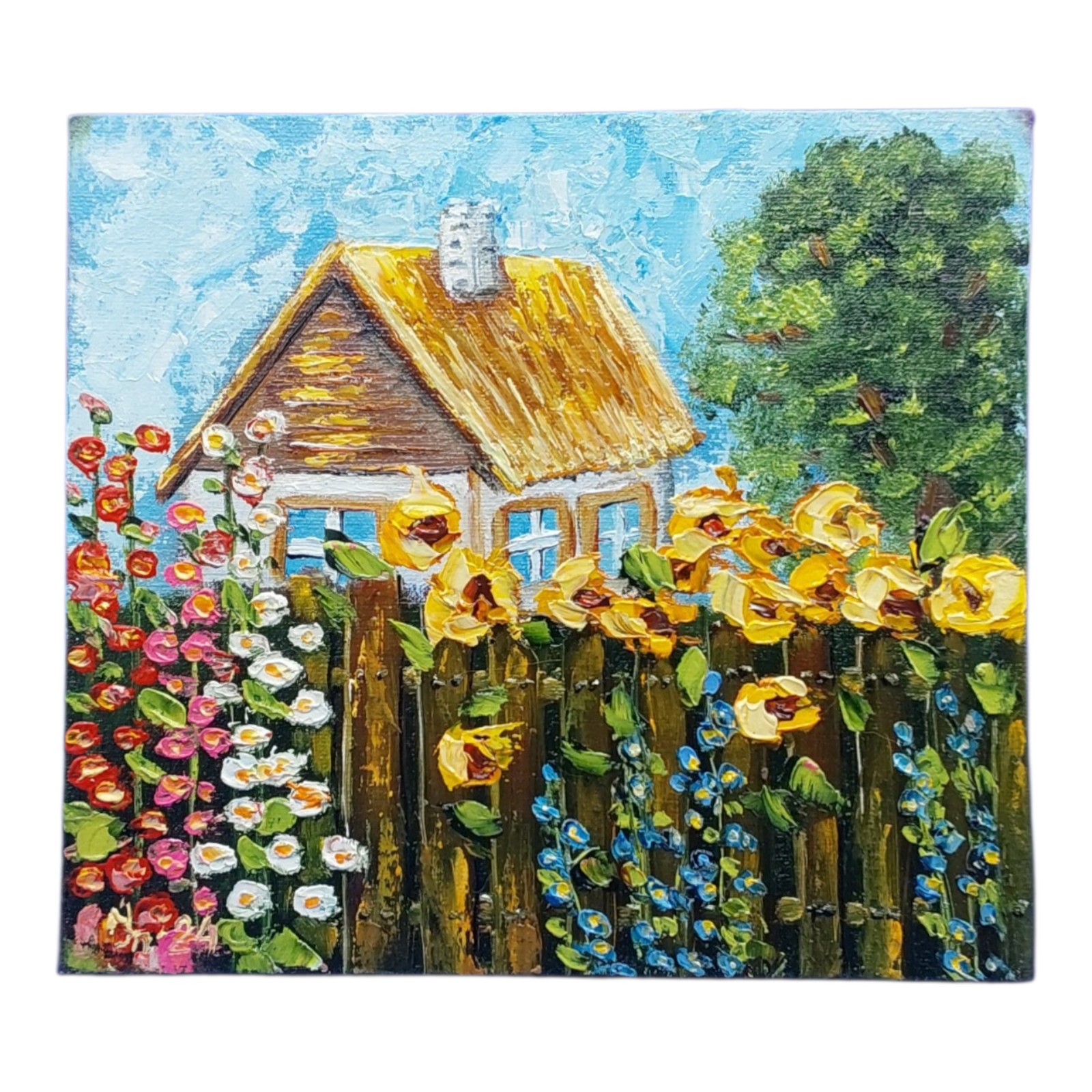 Original Rustic Cottage Painting with Sunflowers, Farm Art, Oil on Canvas 7×8 in