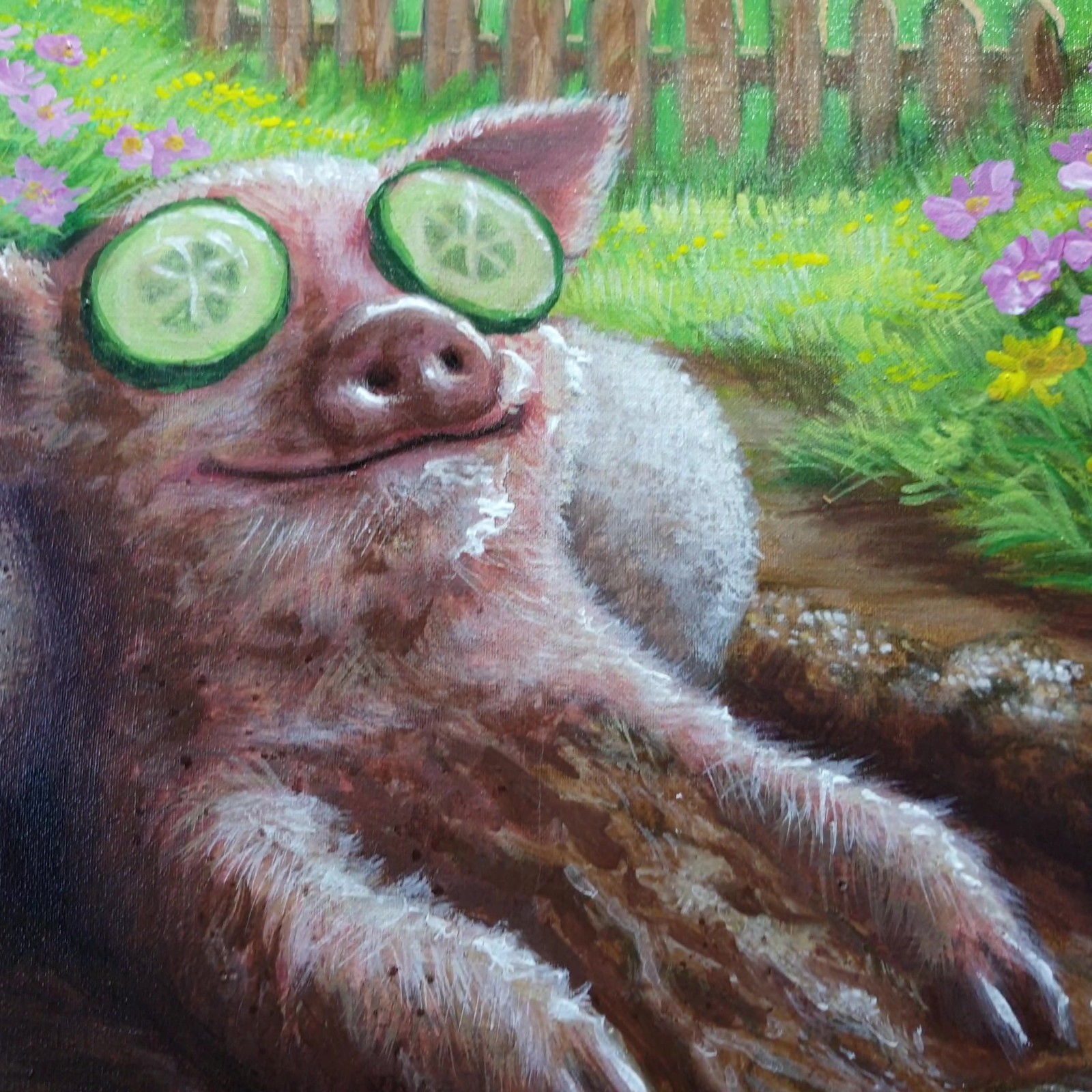 Original Acrylic Funny Pig Painting Mud Spa Humor Farm Animal Art OOAK 16×20
