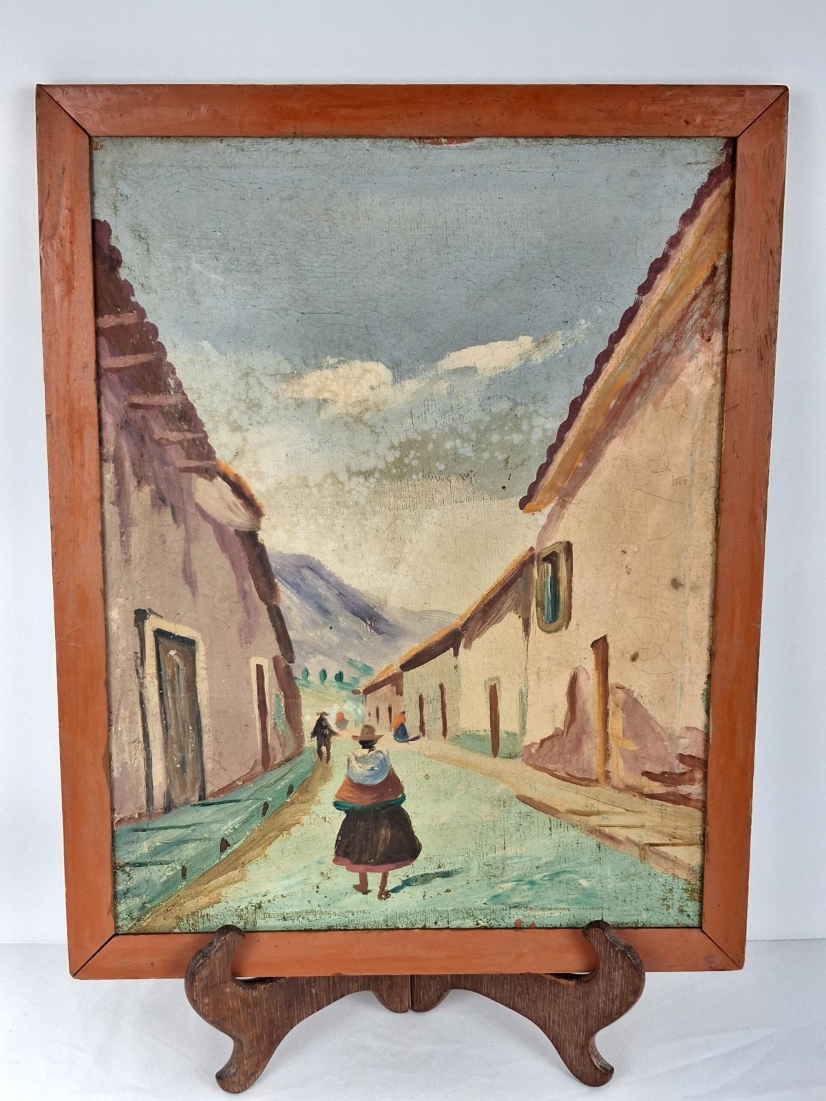 VTG Peruvian Street Scene Oil on Canvas 8.75″ x 11.5″ Framed Unsigned Folk Art