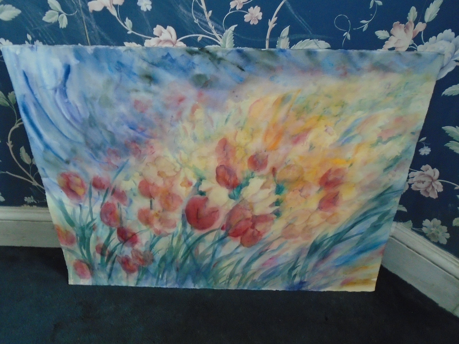 Original Watercolor Painting – Field of Tulips and Flowers