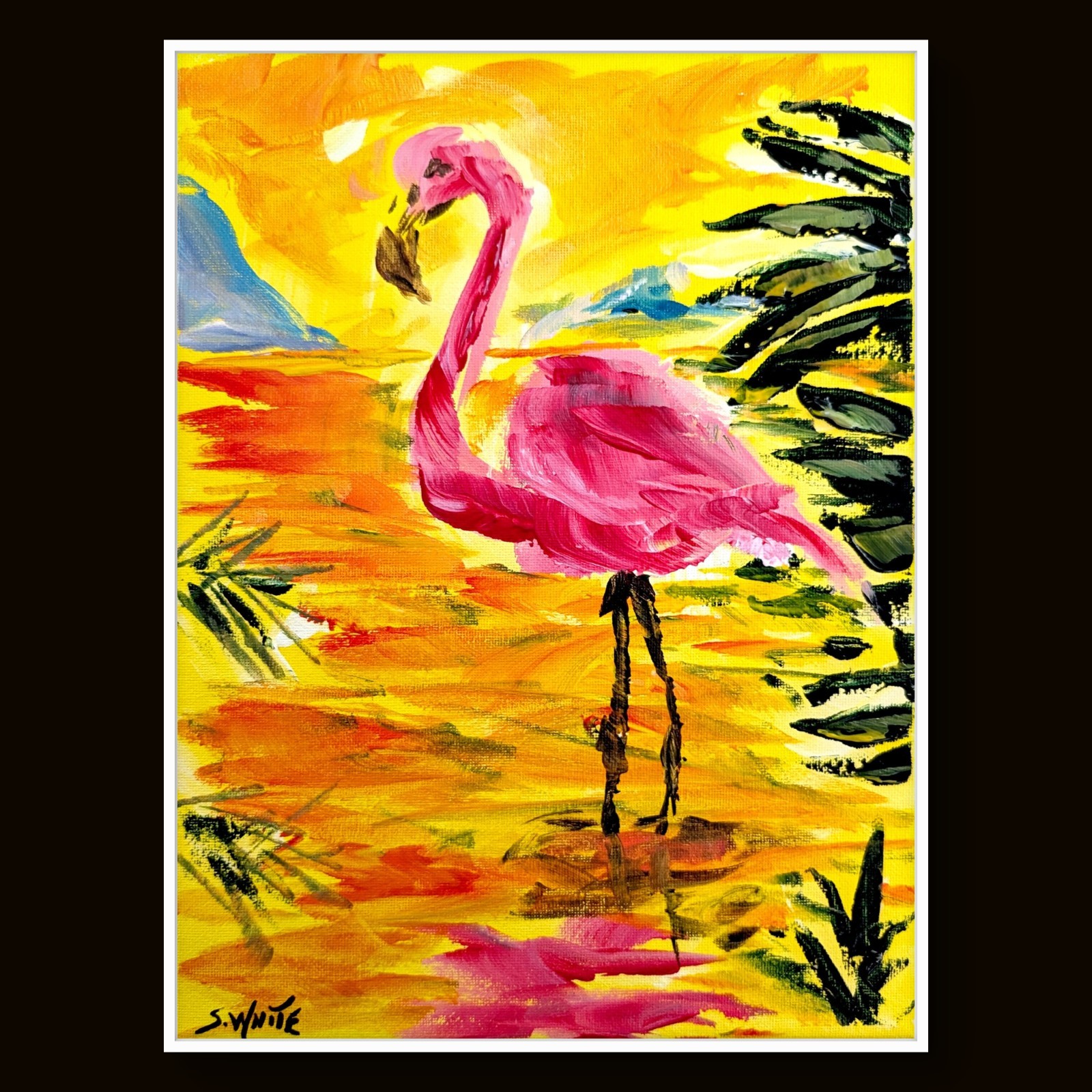 Flamingo 9×12 Original Painting Abstract Modern Art Canvas Wildlife Pink SWhite