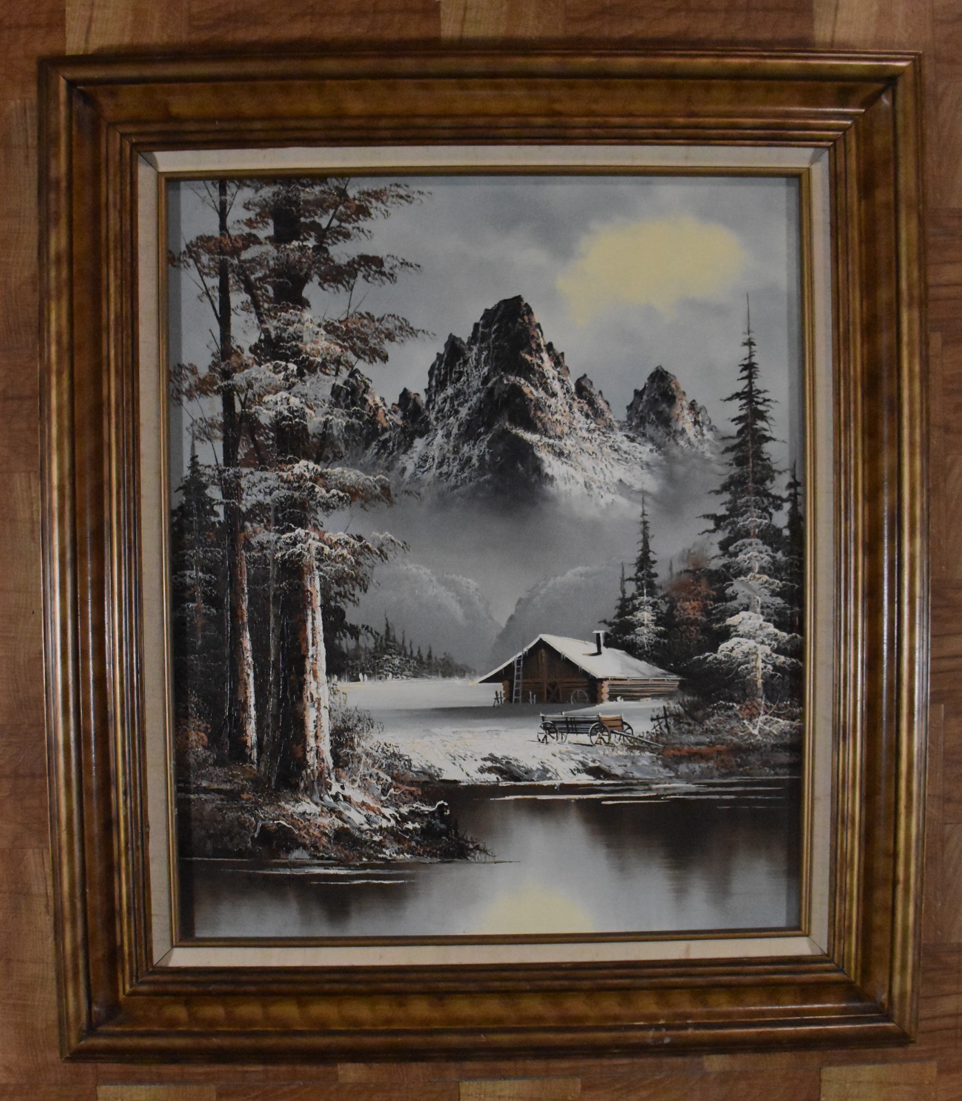 R. Shelton «Cabin In Winter Landscape Scene» Oil Painting, Wood Framed 31″ x 27″