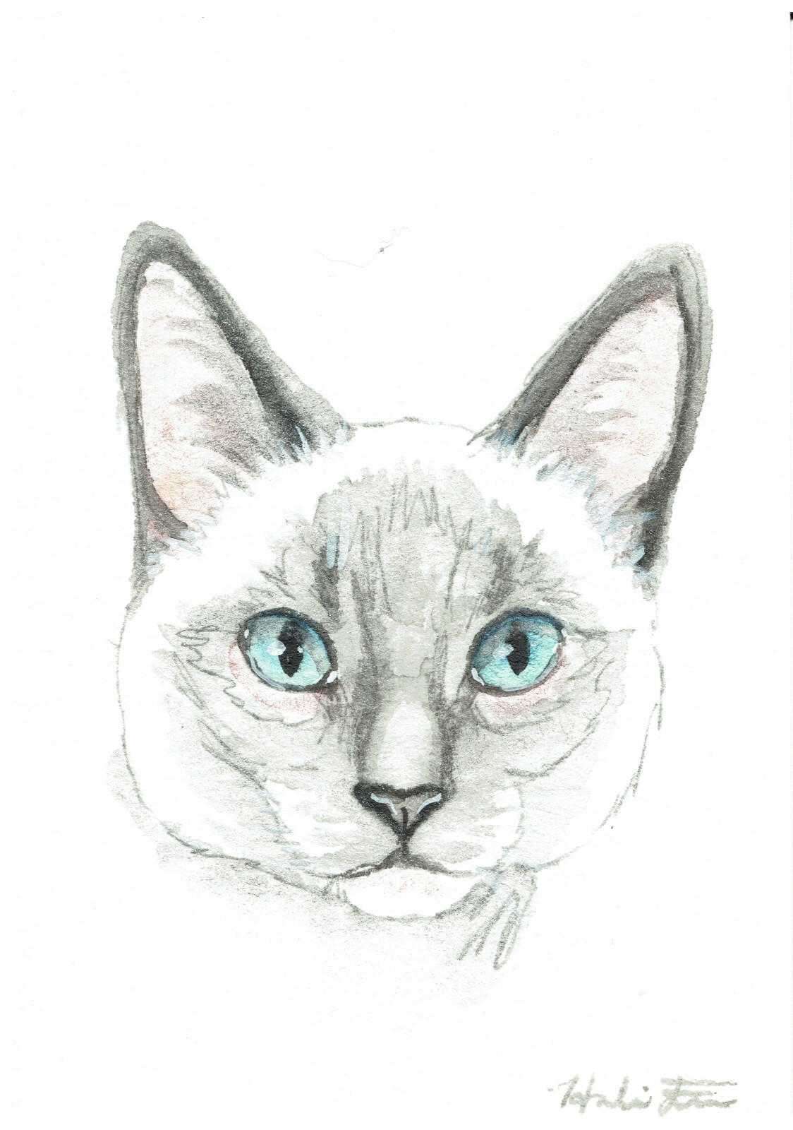 ACEO Original Watercolor Painting 2.5″ x3.5″ Siamese Kitty Cat Pet Portrait