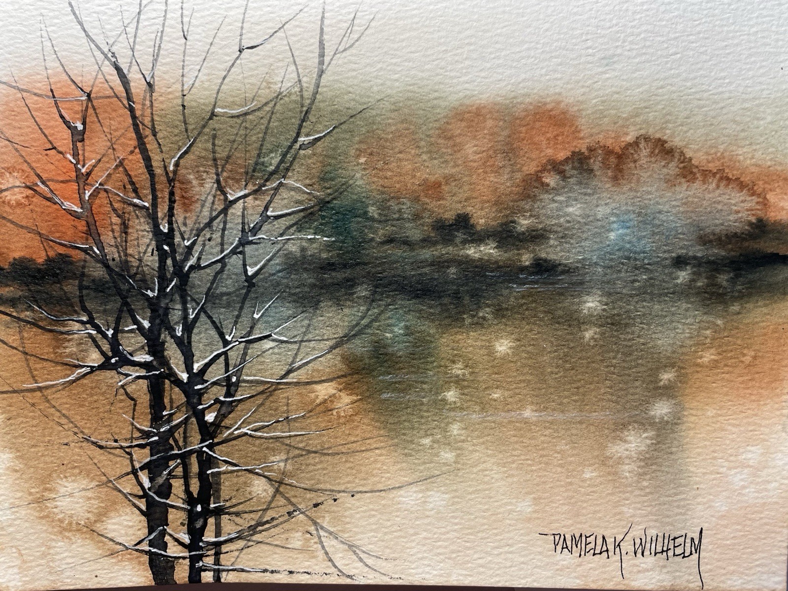 Pamela Wilhelm original 6”x8” Loose Watercolor Winter tree On The Night River