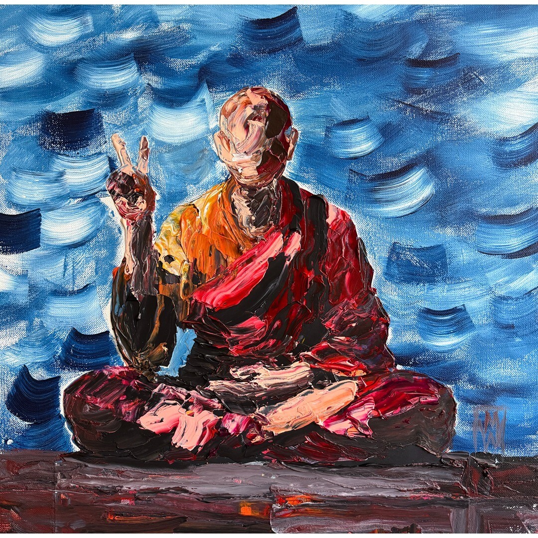 Original Lotus Monk Peace Sign Buddhism Abstract Impasto Painting Art 18″