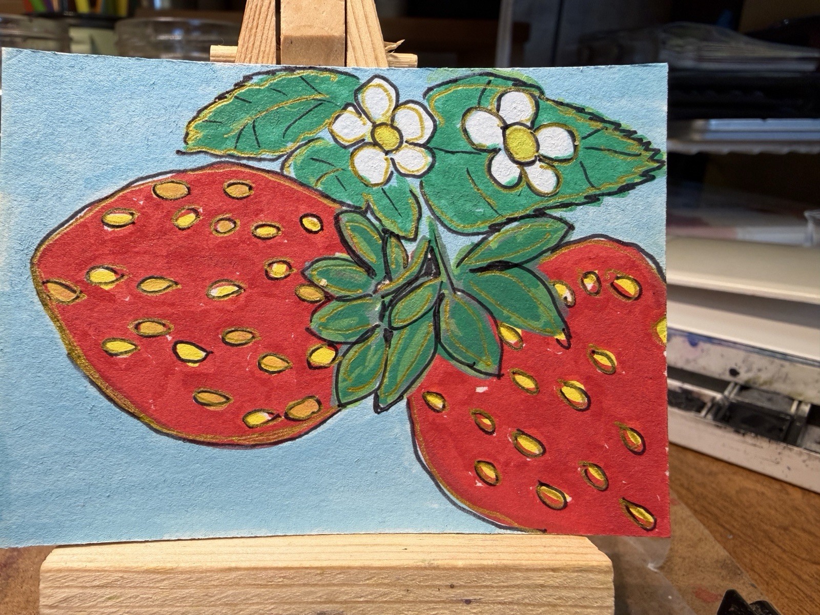 ACEO, Signed, Red Strawberries. Watercolor and Acrylic Artist; one anxious Lady