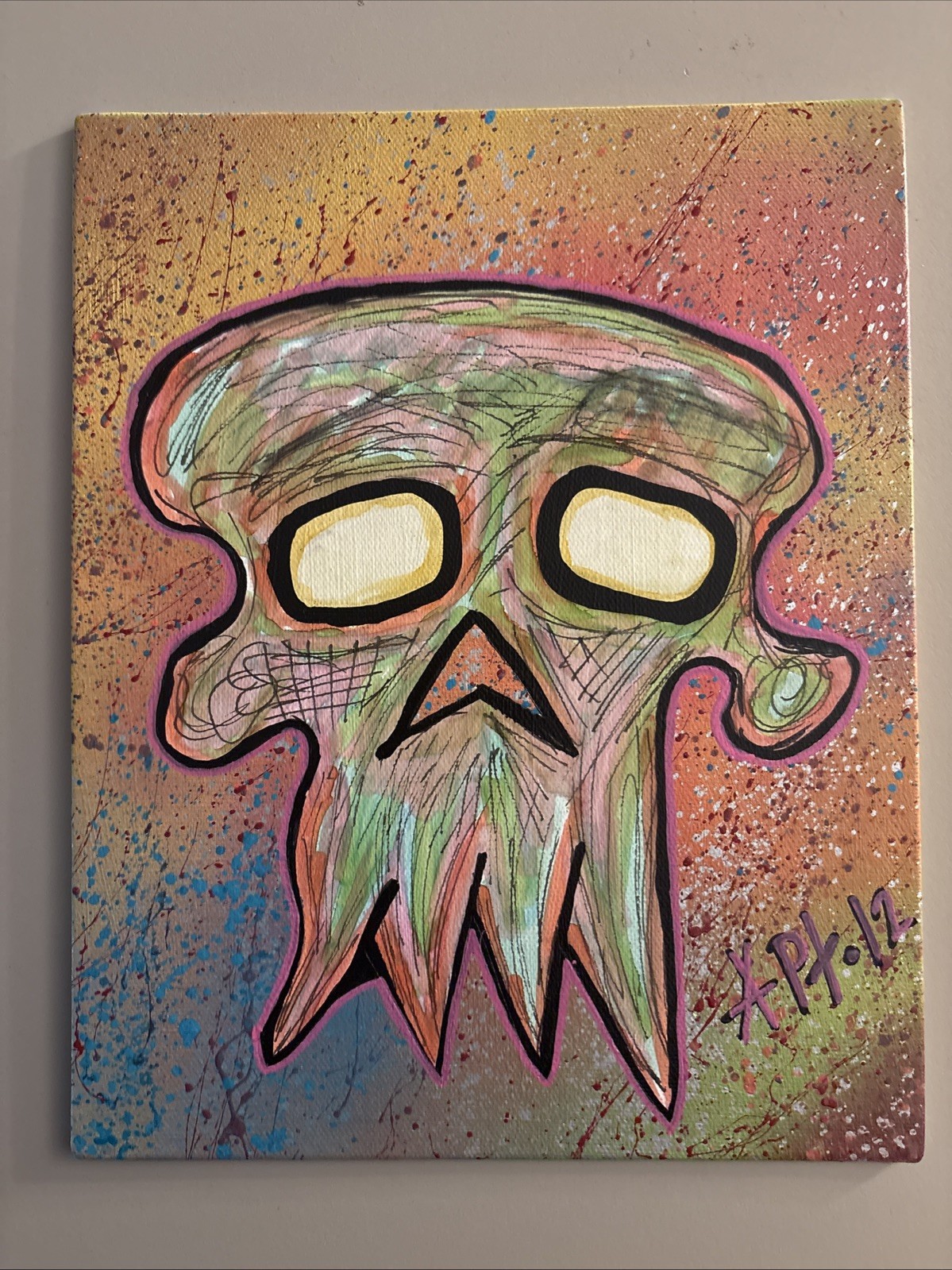 8×10 Hand Painted (abstract Skull W/Splatter Background) Black Light – Pop Art