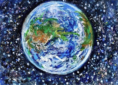 ACEO Original Painting EARTH Planet STARS Universe Galaxy Moon Space ATC ART