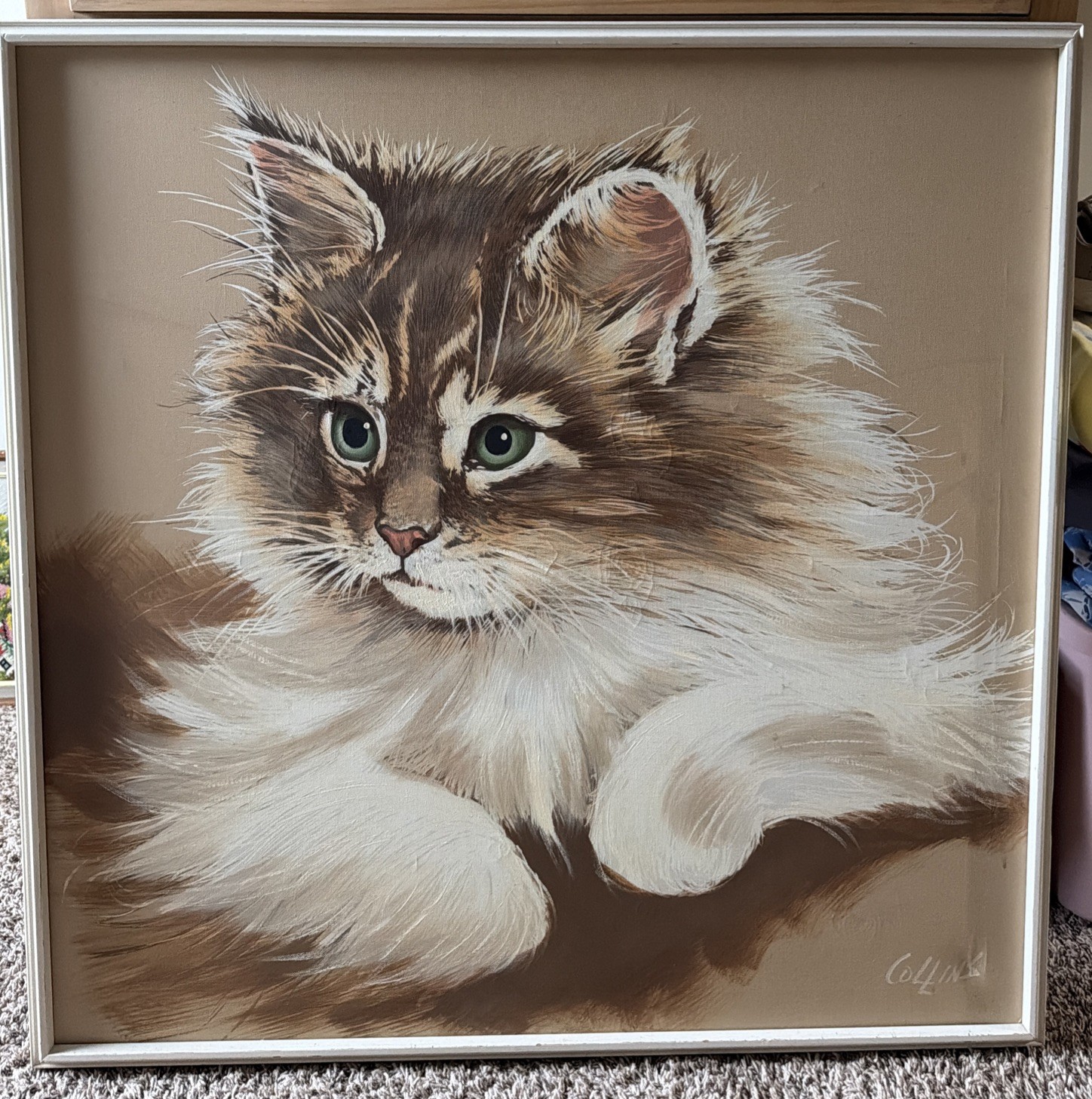 Persian Cat Painting by Collins 1960’s Framed 37” X 37”