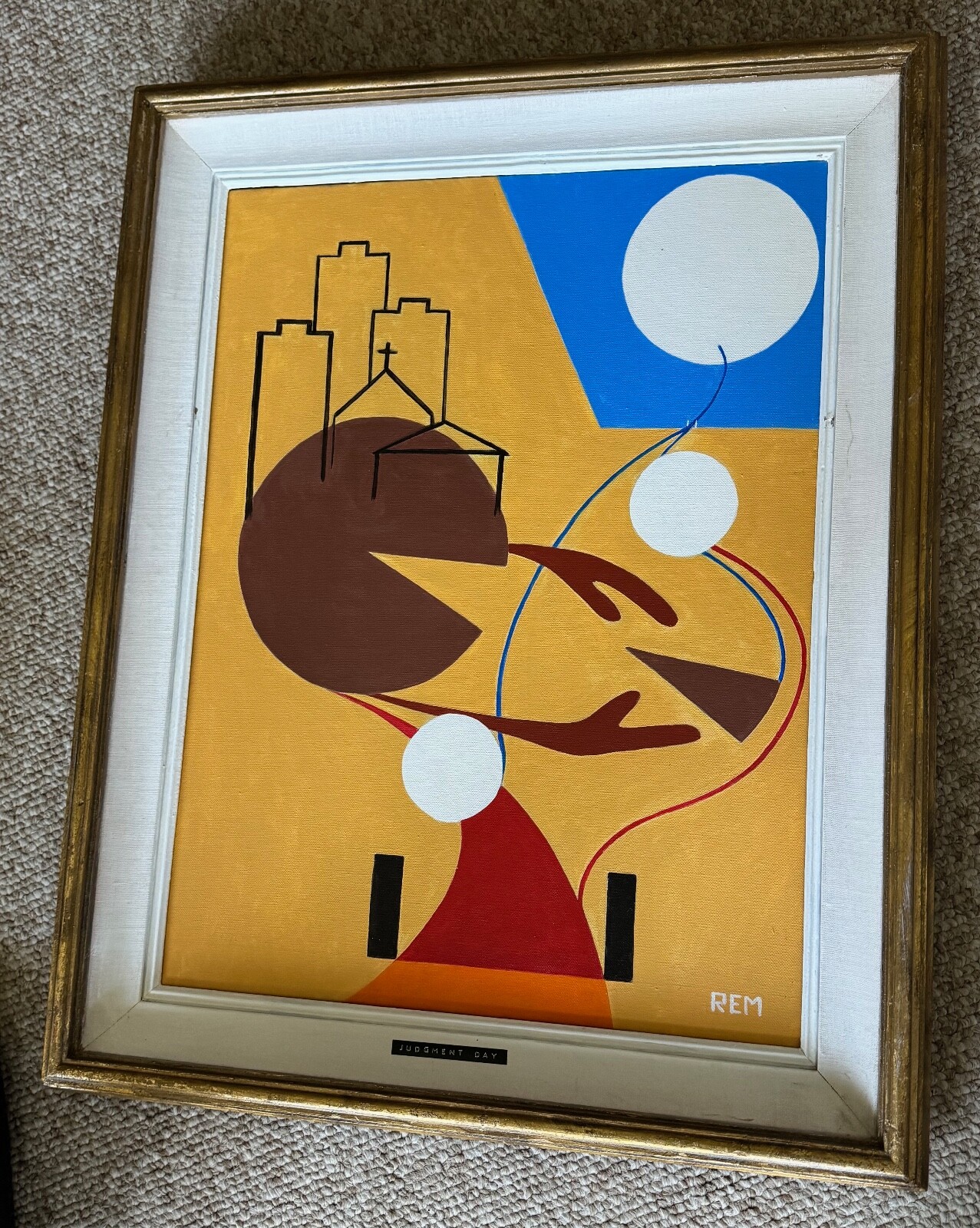 Vintage Surreal Abstract Geometric Painting Art Wall Hanging Signed REM Menges