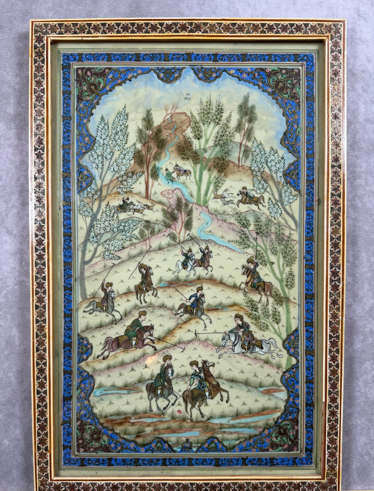 Vintage Persian Miniature Painting Khatam Micro Mosaic Frame Signed 17×11