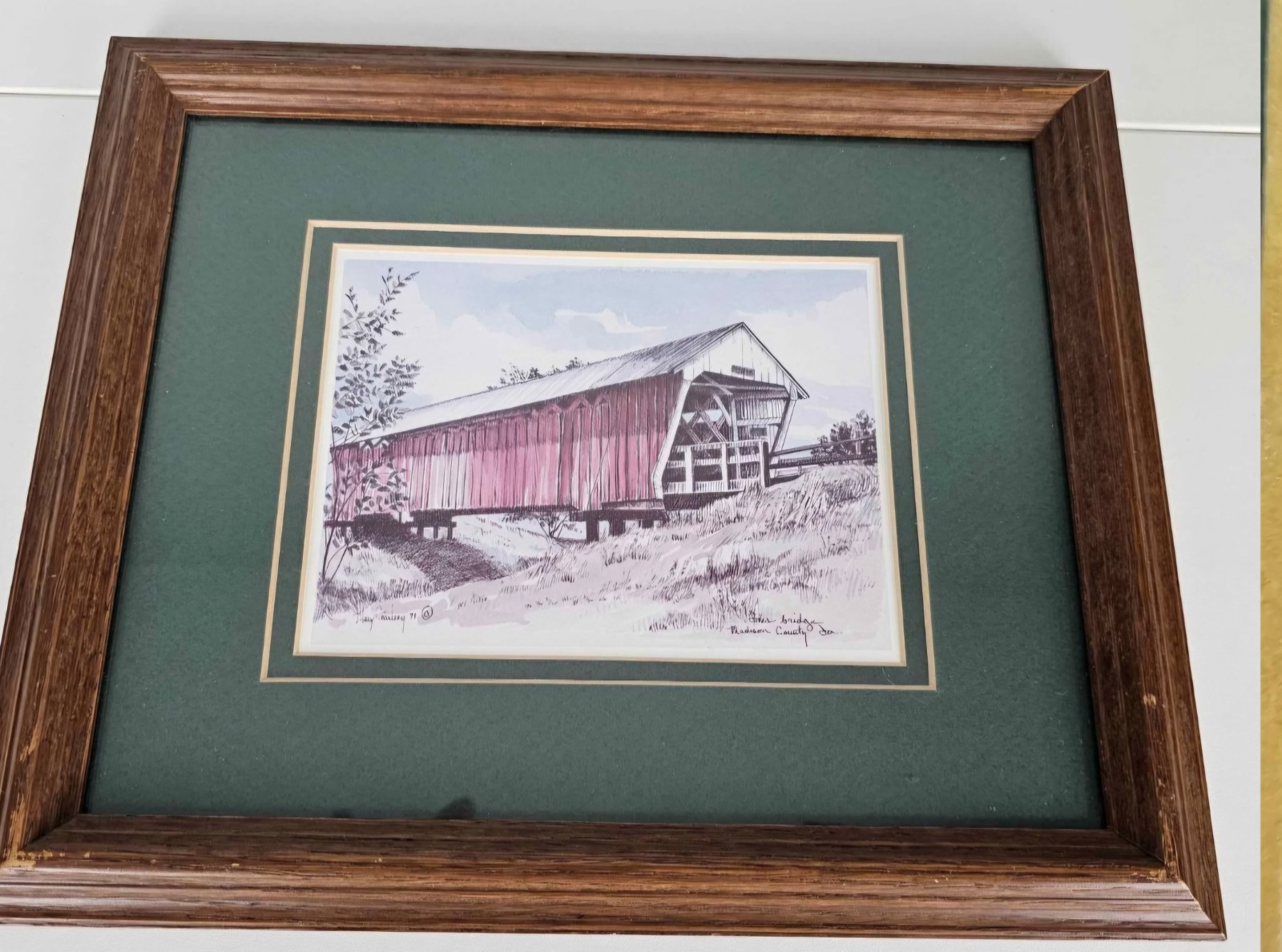 Vintage Drawing Painting Signed Framed Matted Bridges of Madison County 9″x11.5″