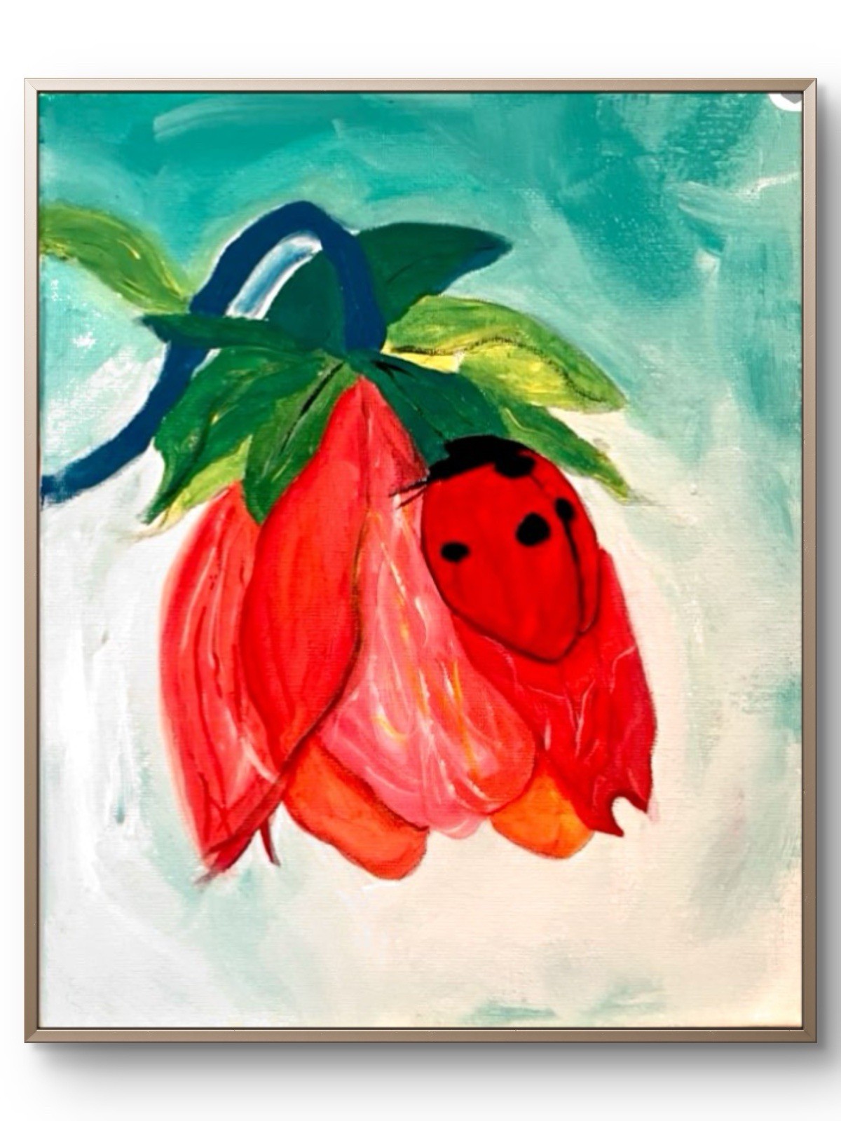 TITA PAINTZ Ladybug Camouflaged On Red Flowers Handmade Wall Art 8×10 Canvas