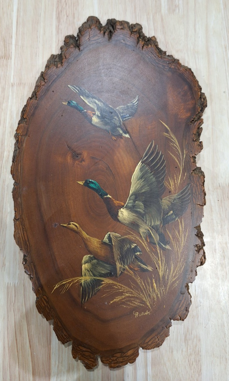 VTG Mallard Ducks Wood Slice Painting C Burns Original Wildlife Art on Live Edge