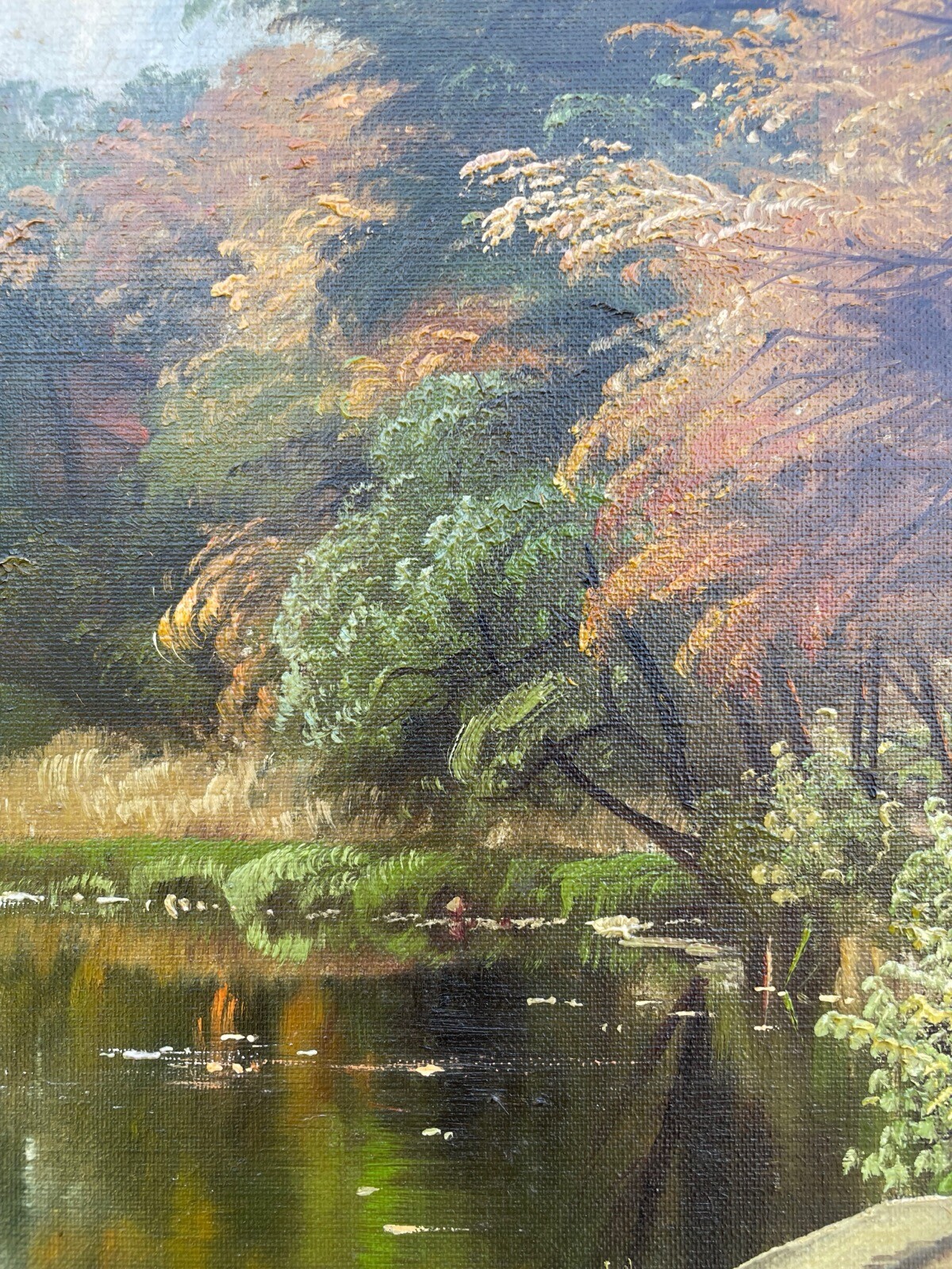 Impressionist Autumn Park Landscape Deciduous Trees Lake Bank Oil Painting 1936