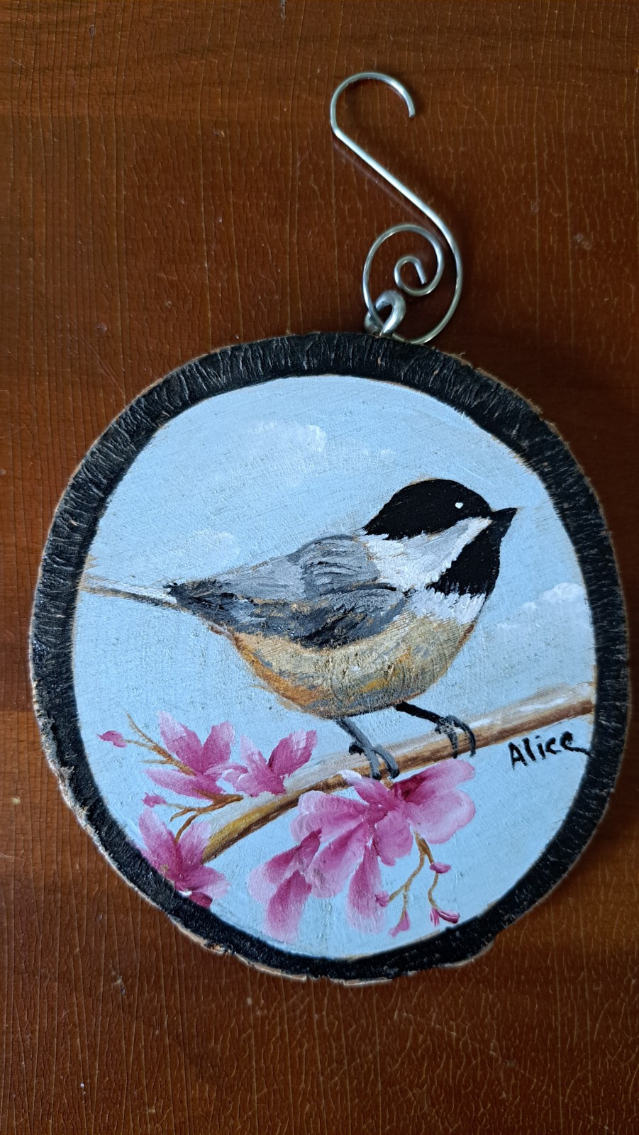 Handpainted Chickadee Art Spring Tree Wood Ornament Painting Bird Original