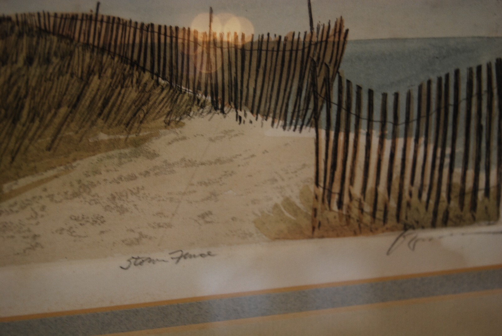 VTG FRAMED FRANK KACZMAREK SIGNED A/P COLORED ETCHING «STORM FENCE» LIGHTHOUSE