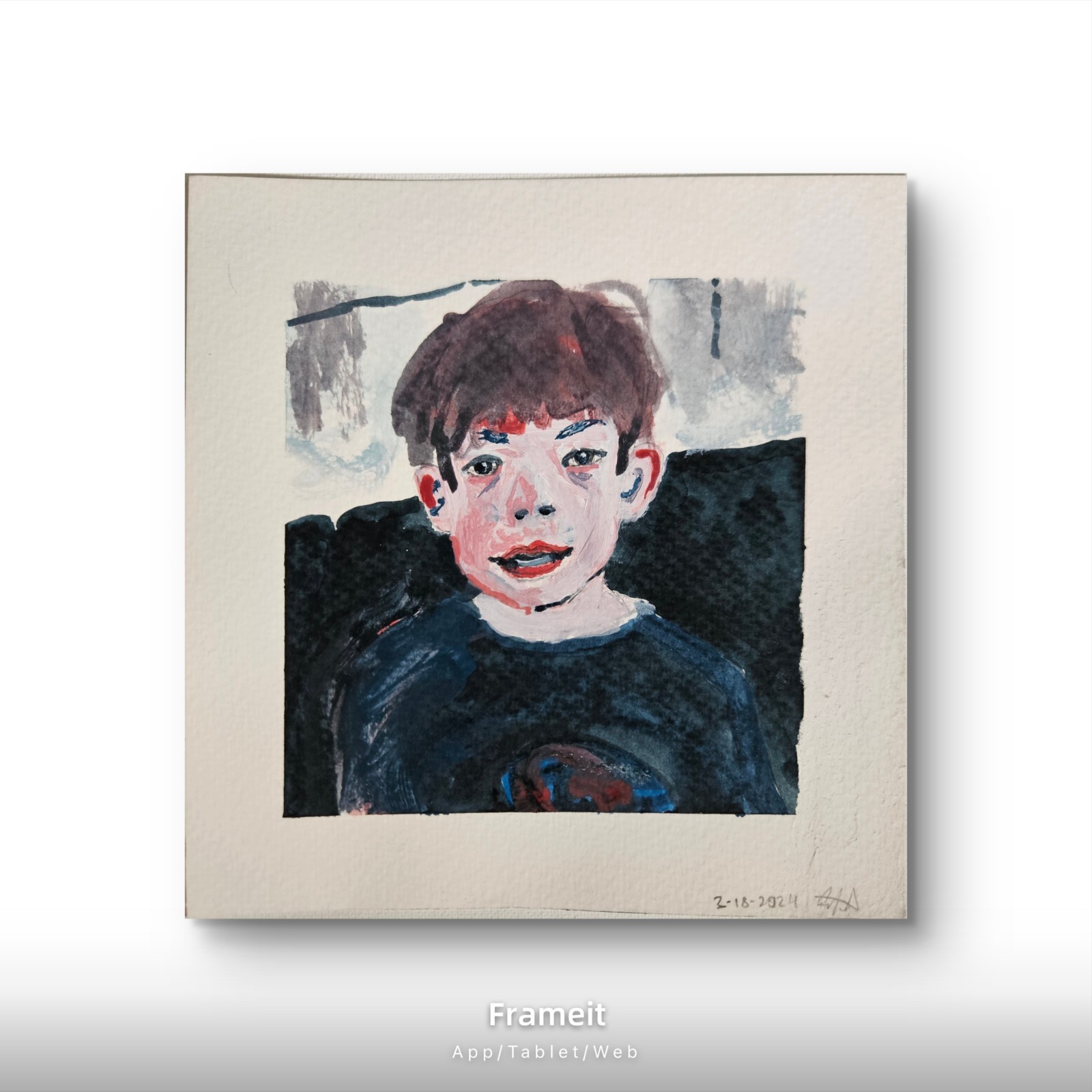 Little Kid Portrait on Paper Acrylic Signed 7.1×7.1