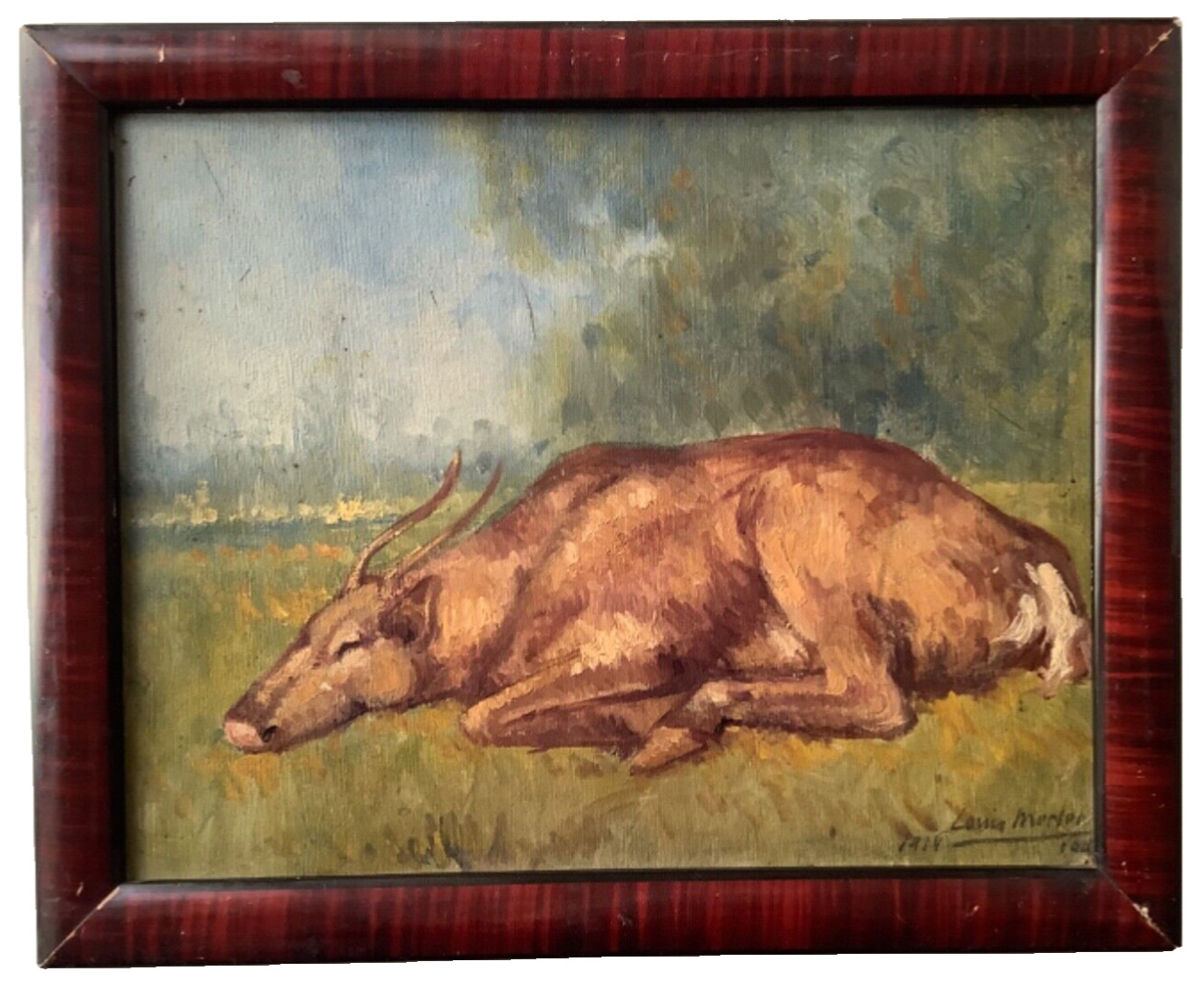 1914’s Antique Oil – French Impressionism – Antelope in a Landscape