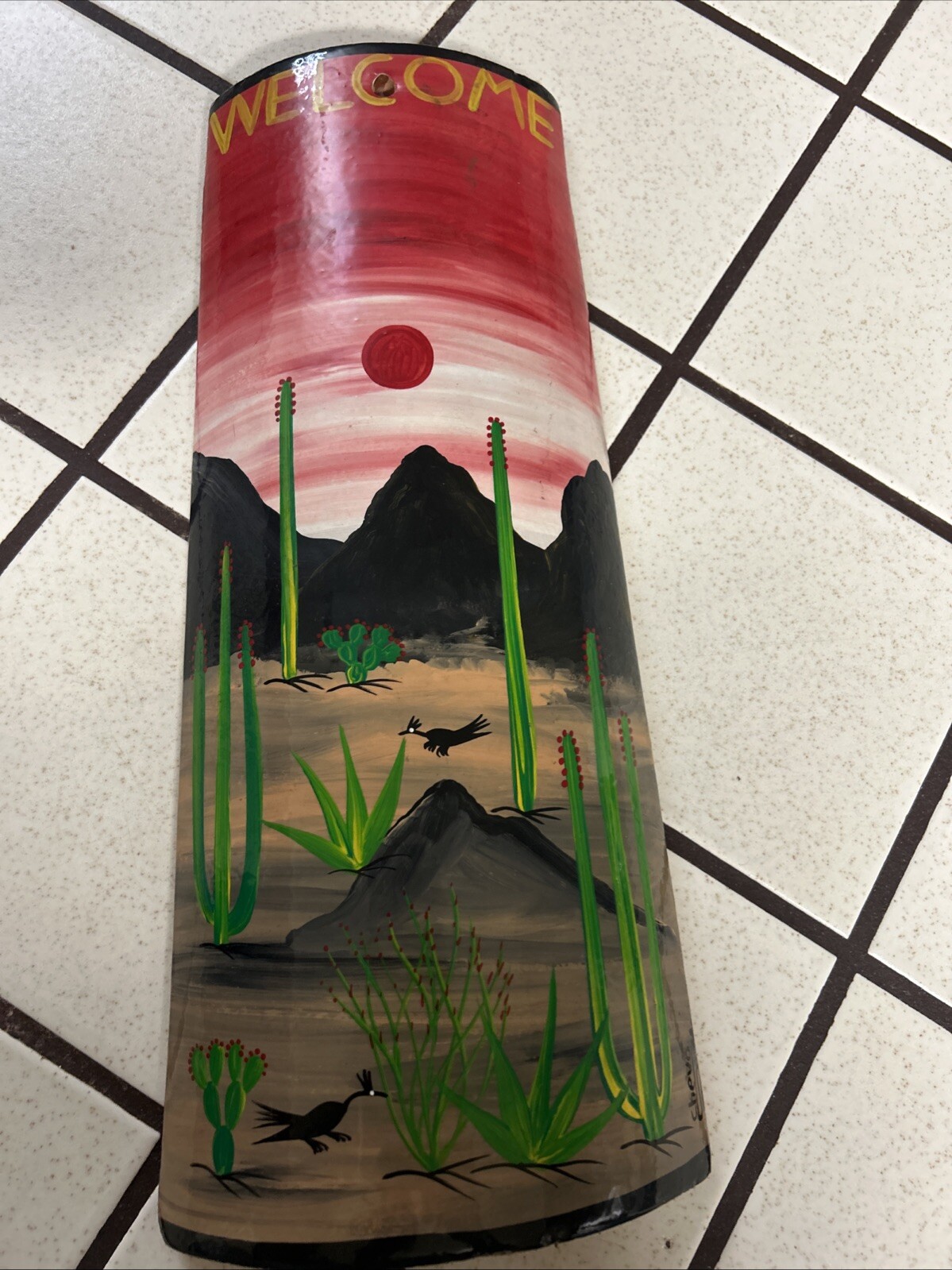 Hand-Painted Southwest Landscape Dessert Wall Hanger Artwork on Clay Roof Tile