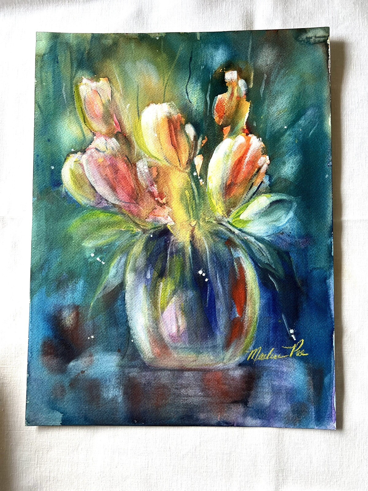 Orig watercolor painting signed, 12×16 Fun Abstract Tulip Flowers Art OOAK