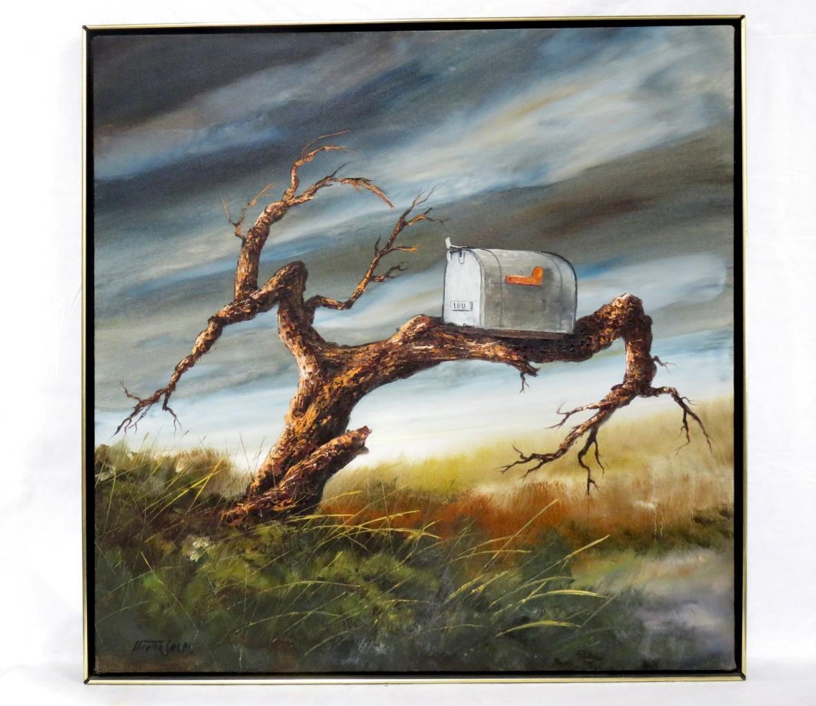 Original Hector Salas Landscape Mailbox Oil on Canvas 37.25 x 37.25 Framed