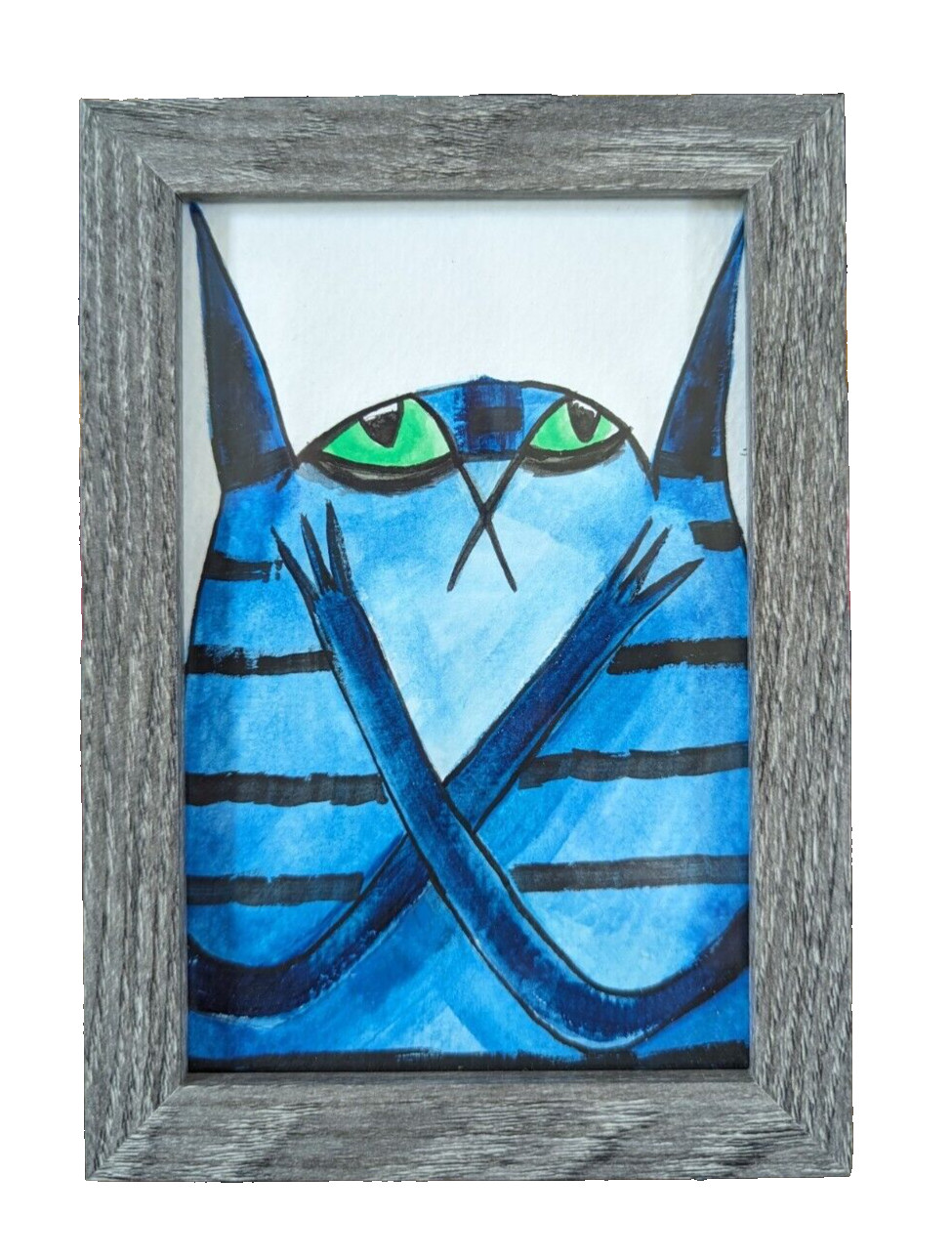 Cat Painting Watercolor Tabby Original Modern Face Hug Folk Art Samantha McLean