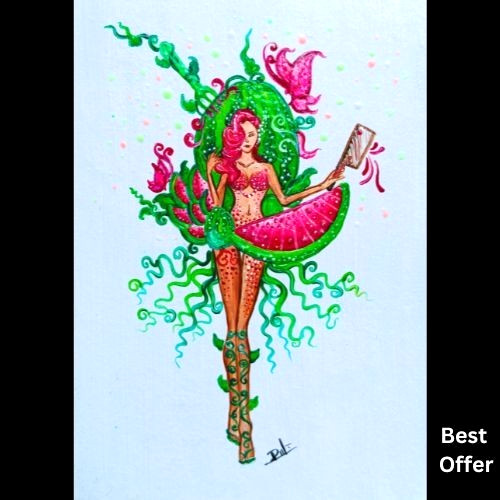 ACEO Original Abstract Fruit Lady UV Radiant Acrylic Pop Art Hand Paint NEW OOAK