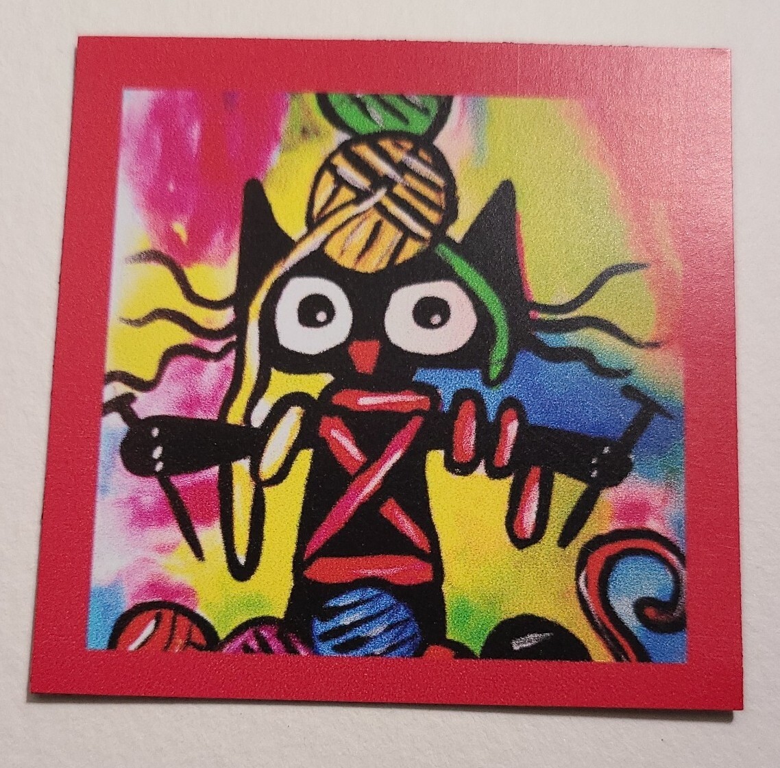 «NEW» NOT ACEO KNITTING CAT » 2.5X2.5 ART MAGNET 2000-now
