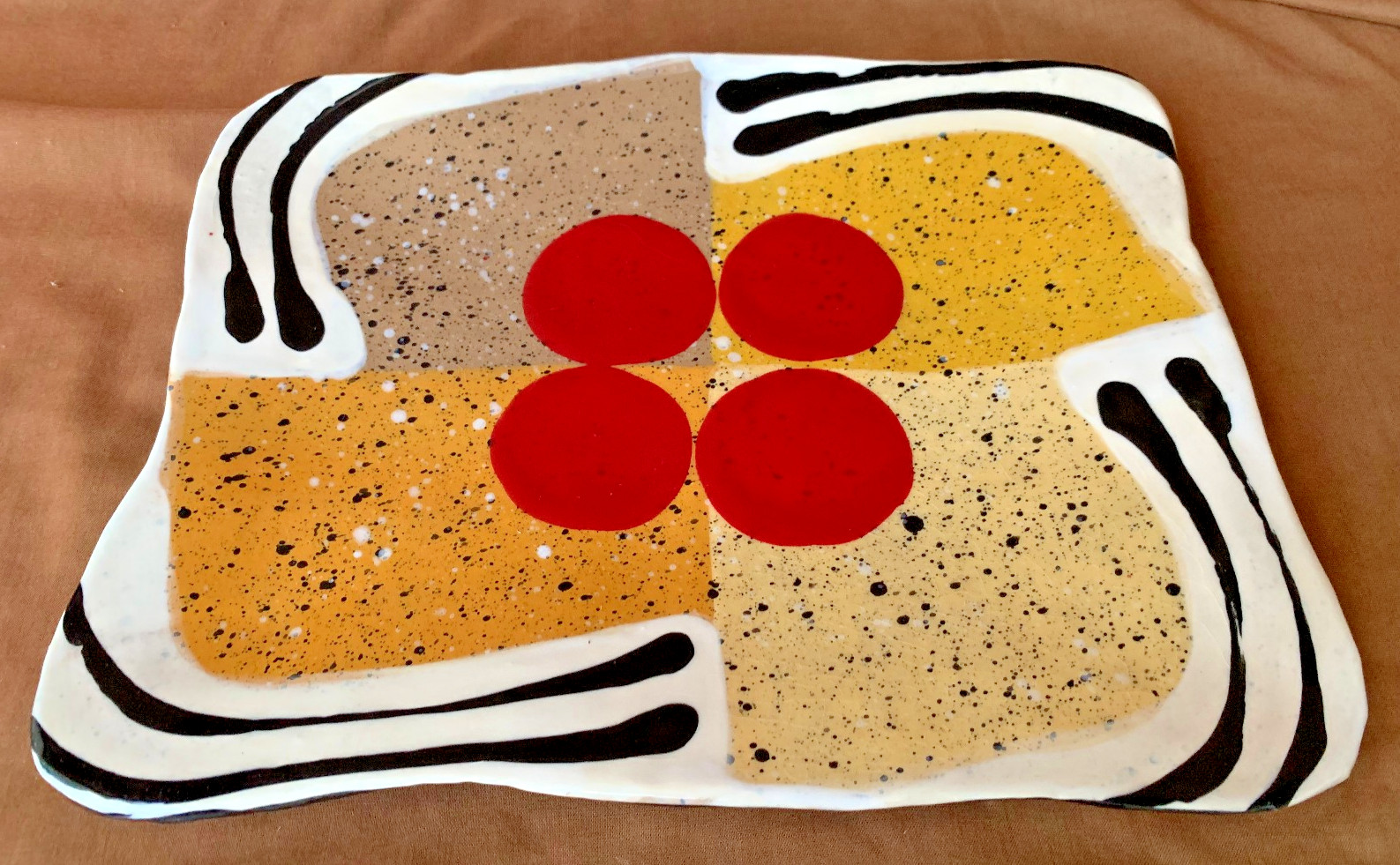 Listed Artist Jack Charney Mid Century Ceramic Tray Geometric Red Dots Ex Cond