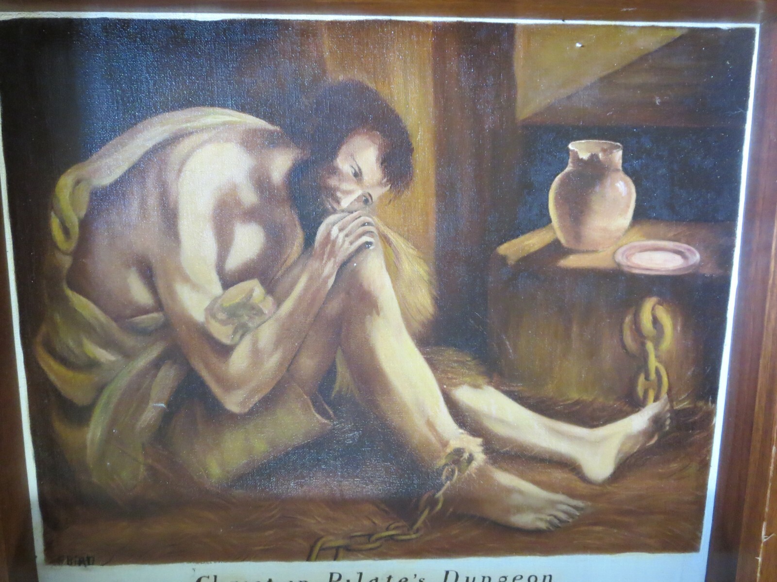 Painting Jesus in Pilate’s Dungeon Oil on Canvas signed F. Bird 14 1/2 x 11 3/4″