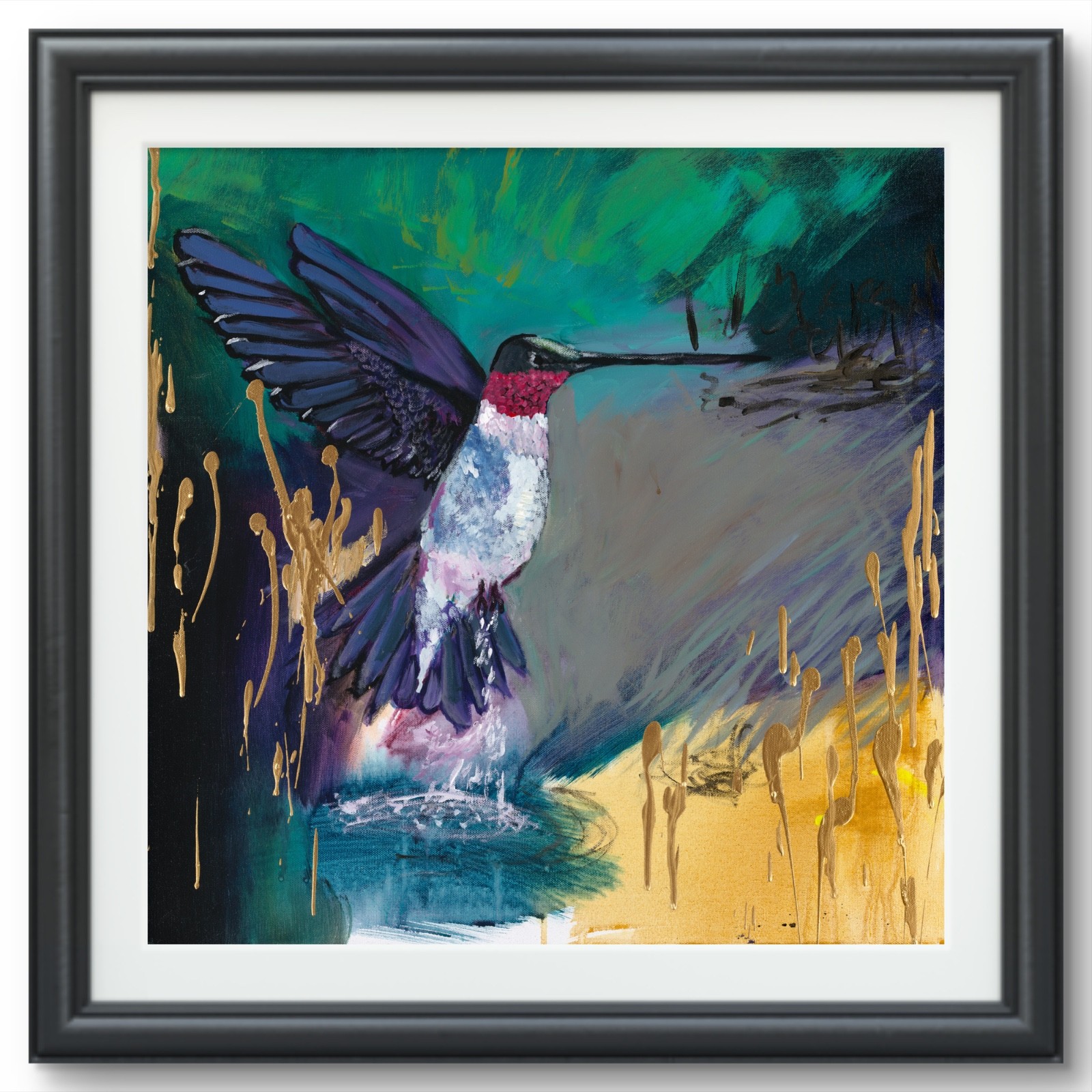 Hummingbird No.2 Gold Drip Art Print by Xin Xin — Paper — Atlanta Artist