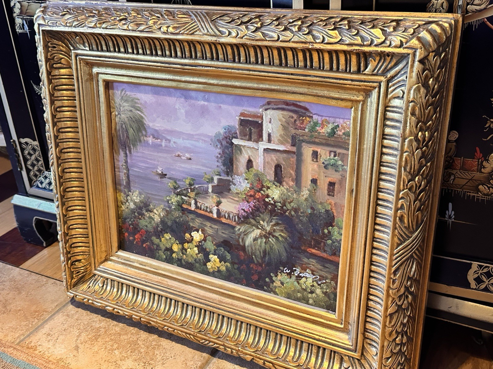 MEDITERRANEAN SEACAPE OIL PAINTING ART SIGNED GOLD WOOD FRAME 24″ * 20″ EUC