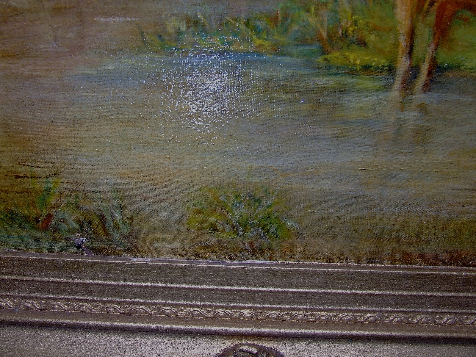 Antique 19th C. Landscape Gathering Watering Cows Oil on Board Gilt Ornate Frame