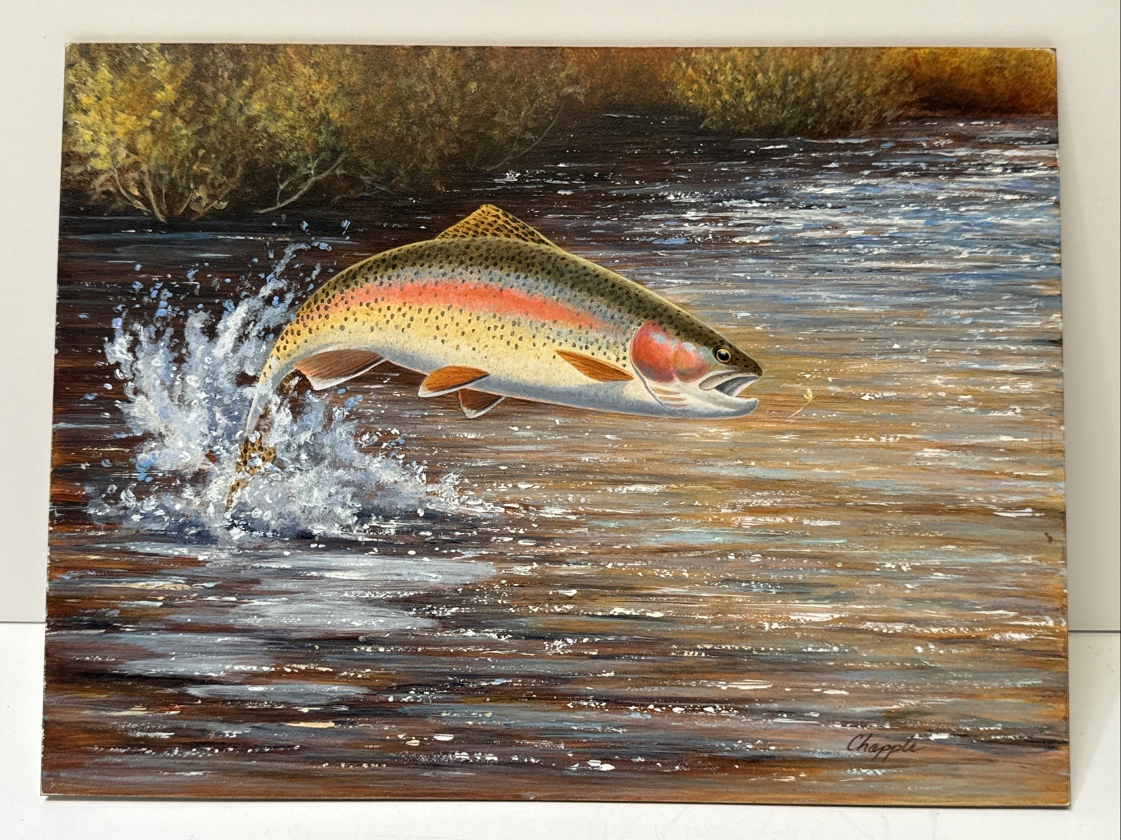 Fish Painting Fishing Jumping Fly Lure River Stream David Chapple Listed Famous