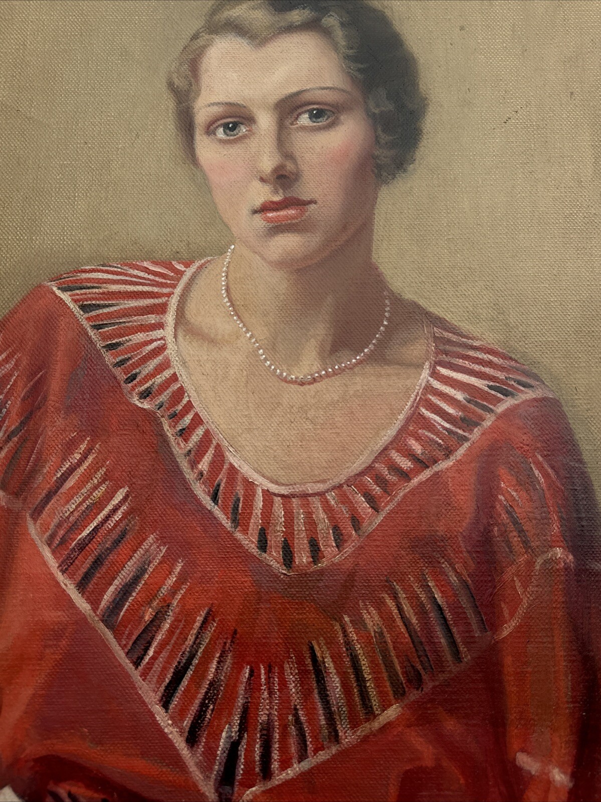 ANTIQUE PORTRAIT PAINTING PRETTY WOMAN FEMALE MODEL OIL ART DECO SIGNED LEWIS