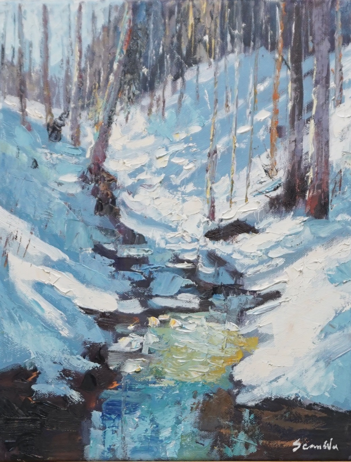 Sean Wu original oil, 11×14 on stretched canvas， snow stream
