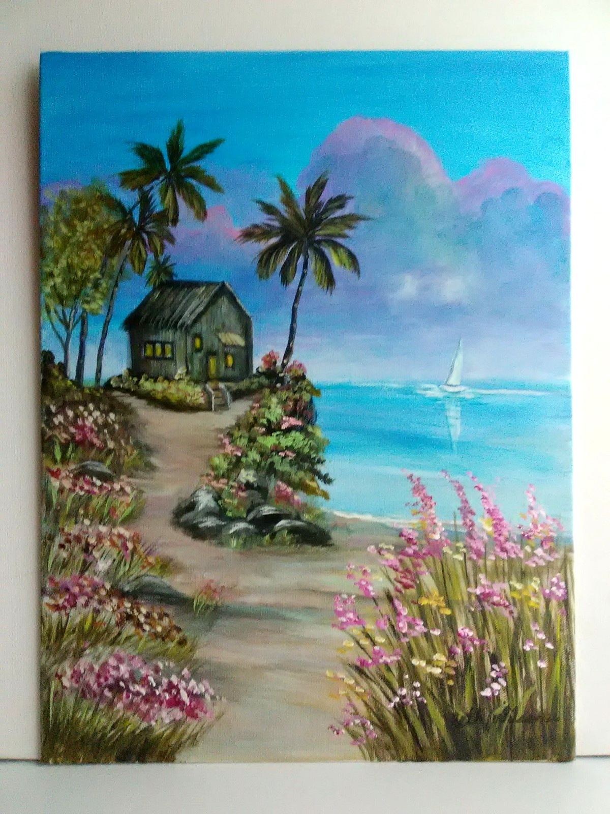 Original Acrylic Painting 12″x16″ Canvas Beach House Coastal Seaside Artwork
