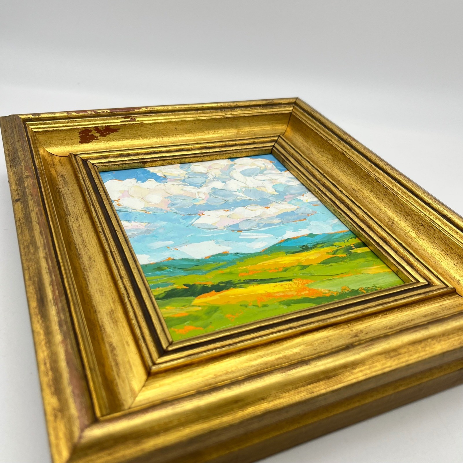 Gold Frame Landscape Oil Painting Textured Impressionistic Sky Fields Art