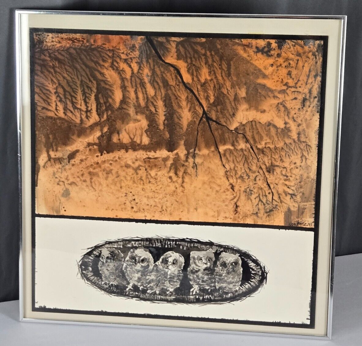 Lee Coblentz, IN/FL Fallen Nest abstract Owl tree watercolor painting, signed