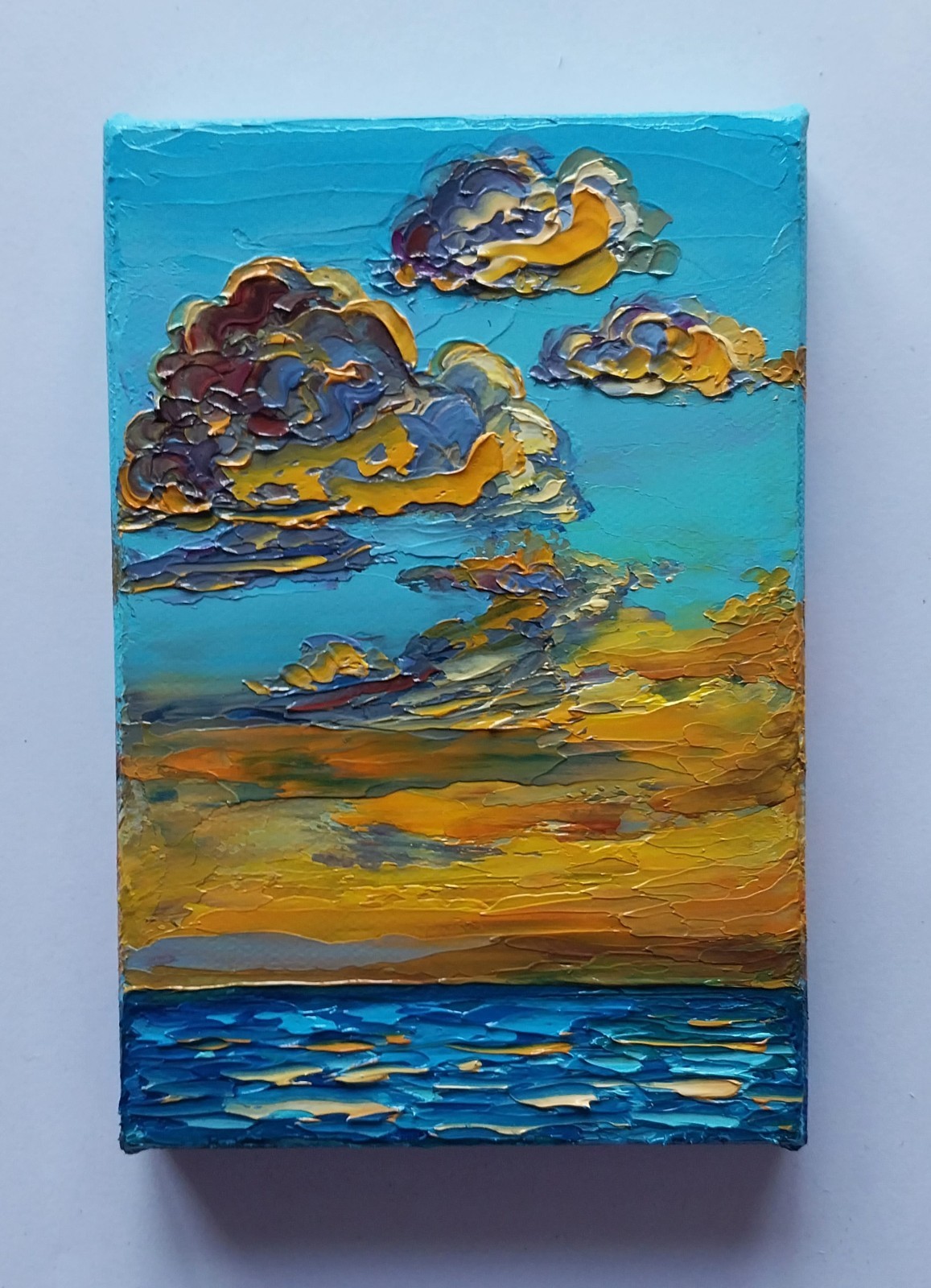 Mini Canvas Seascape Sunset Golden Clouds Over Sea 4×6″ Original Oil Painting