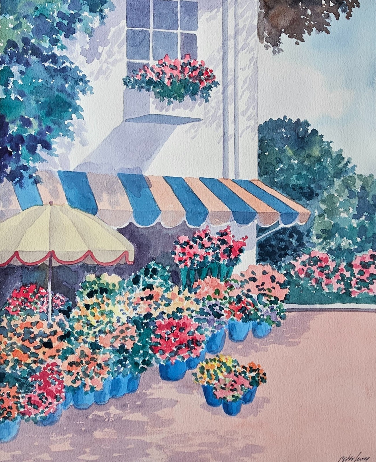 Peter Wong Beach House Original Watercolor painting Arches paper Flower Shop art