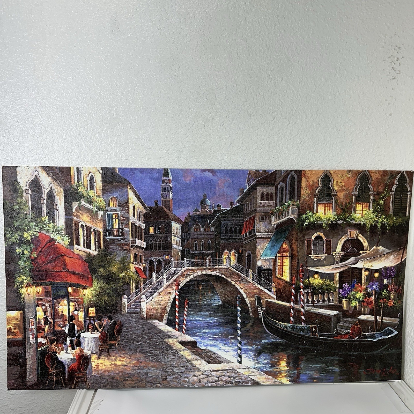 JAMES LEE Venice Street Cafe Painting Signed 36×19.5 inch Art Wall Decor