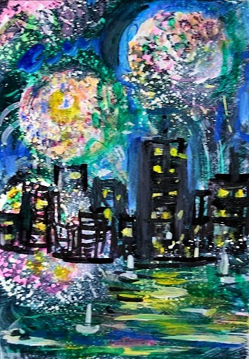 ACEO Original Painting FIREWORKS Summer CITY Buildings Ocean Boats Lights ART