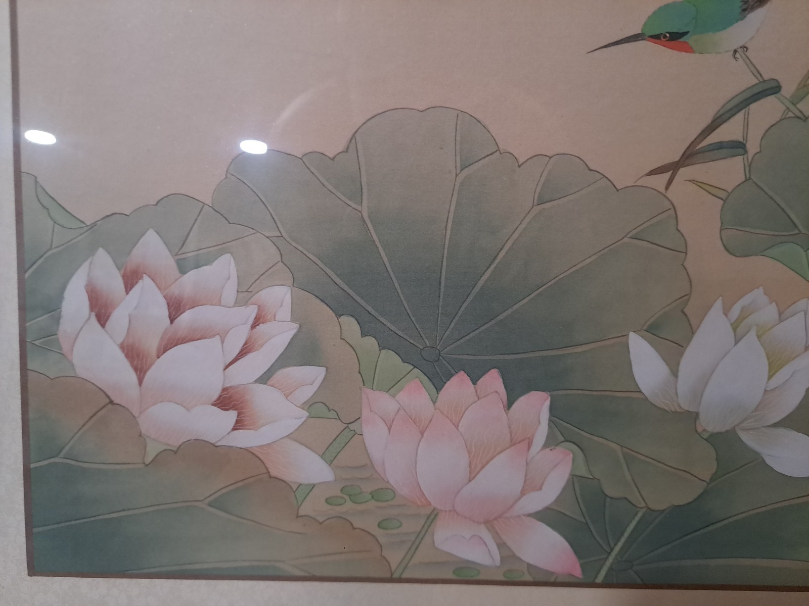 Vintage Oriental Watercolor On Silk Painting W/ Kingfisher And Lotus Flowers