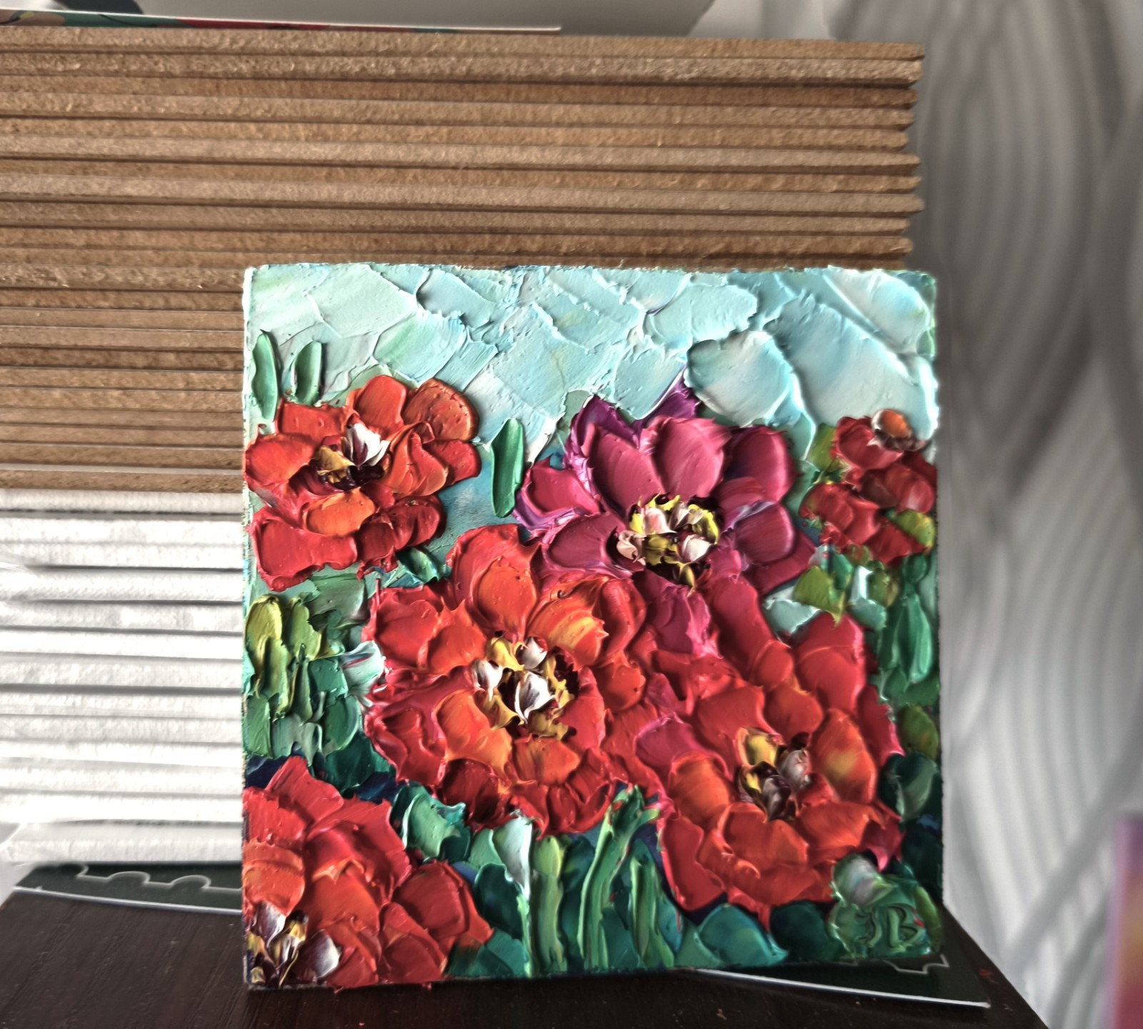 Miniature Original Oil Painting Zinnia Flowers Impasto Artwork on panel 4x4in