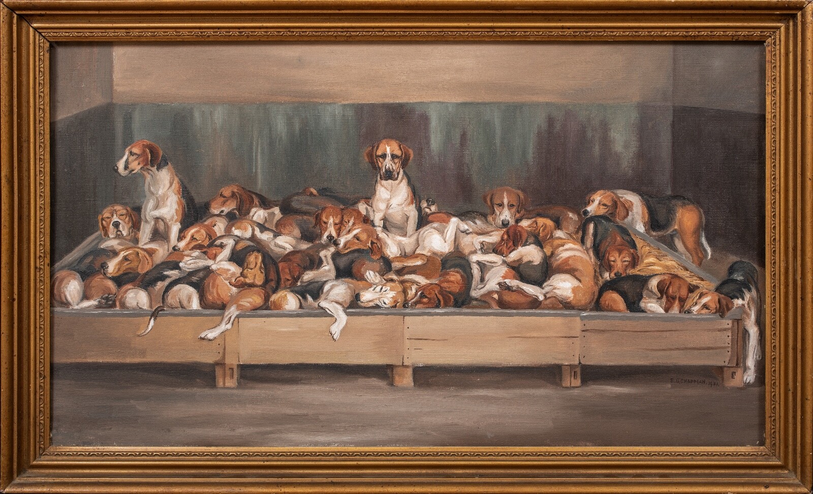 Large 19th Century Dog Portrait Of The New Forest Hunt Foxhounds by E G CHAPMAM